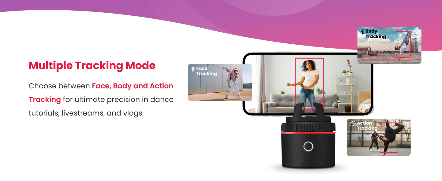 Auto-tracking phone holder with 360° rotation and sleek black finish, showing mounted smartphone during video recording — view 5