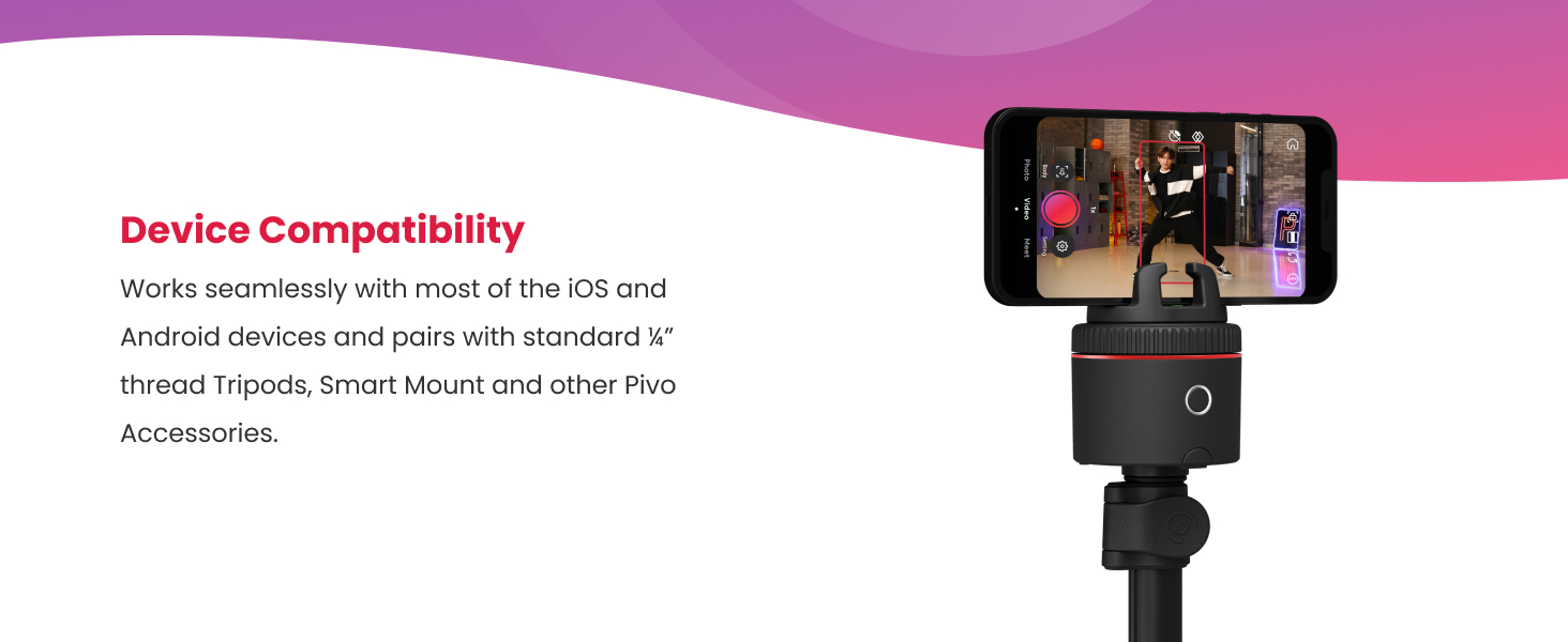 Auto-tracking phone holder with 360° rotation and sleek black finish, showing mounted smartphone during video recording — view 3a