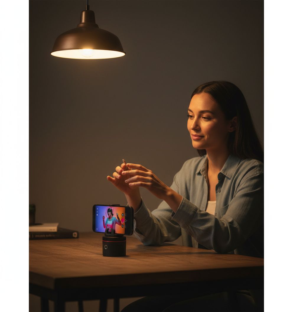 Auto-tracking phone holder with 360° rotation and sleek black finish, showing mounted smartphone during video recording — view 1