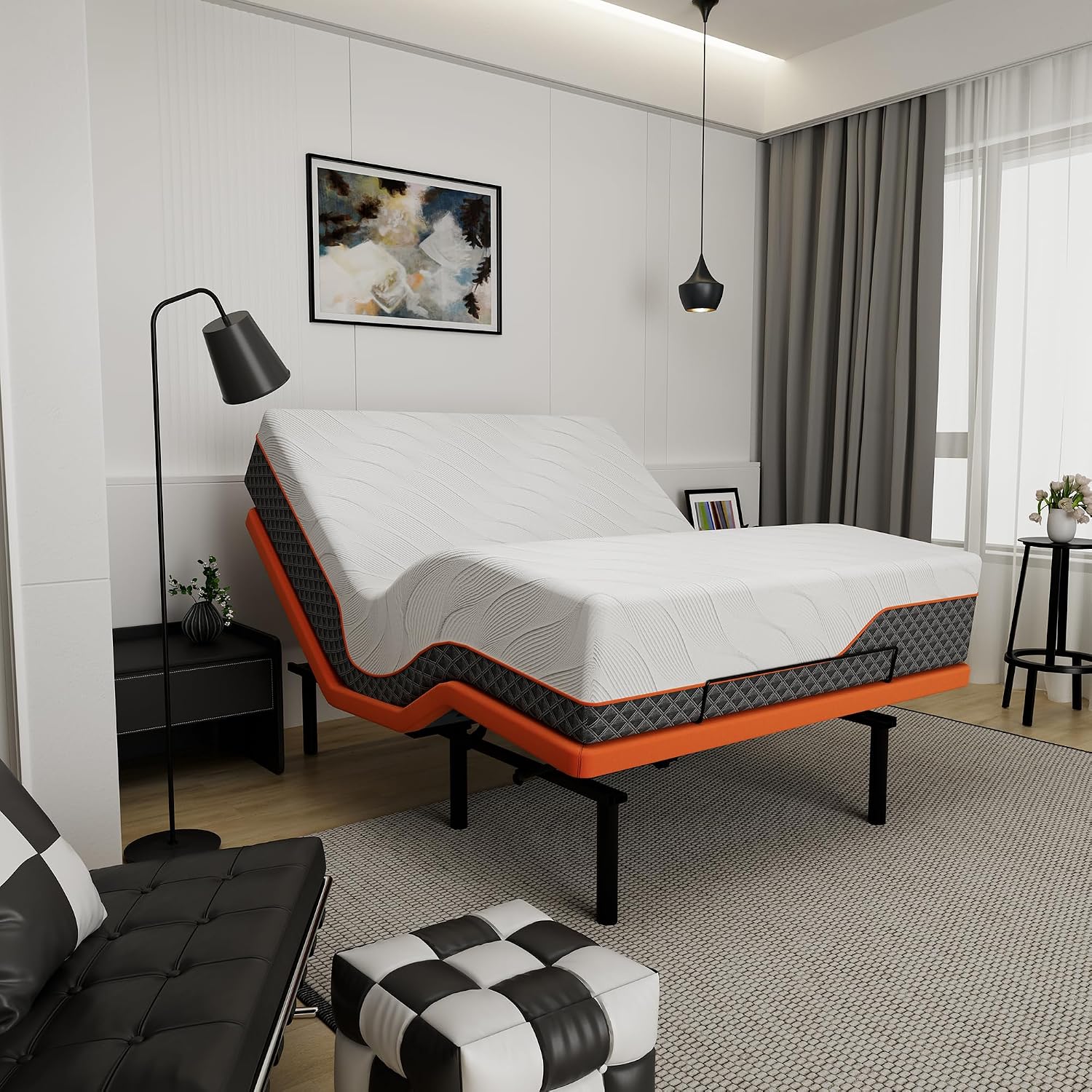 Premium adjustable bed frame with matte finish, featuring wireless remote and app control interface — front