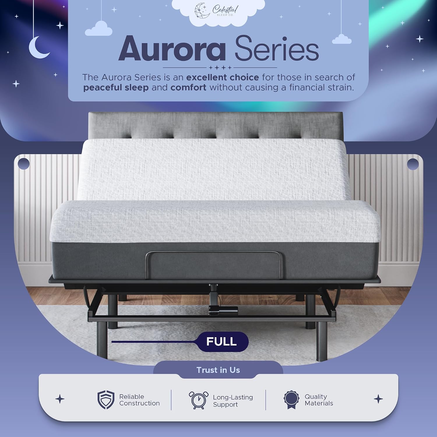 Adjustable bed frame with lifted head section, full-size gel memory foam mattress in firm support โ side