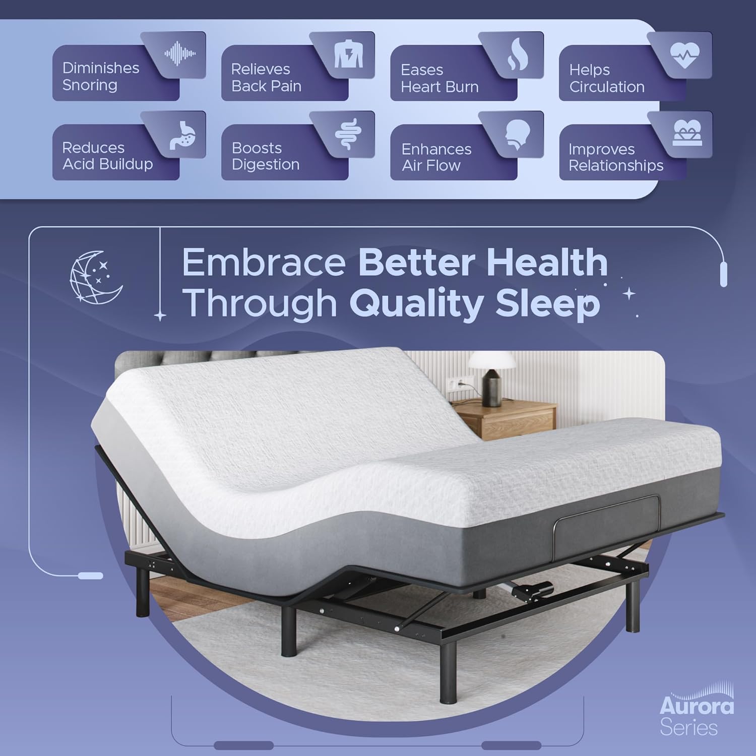 Adjustable bed frame with lifted head section, full-size gel memory foam mattress in firm support โ back