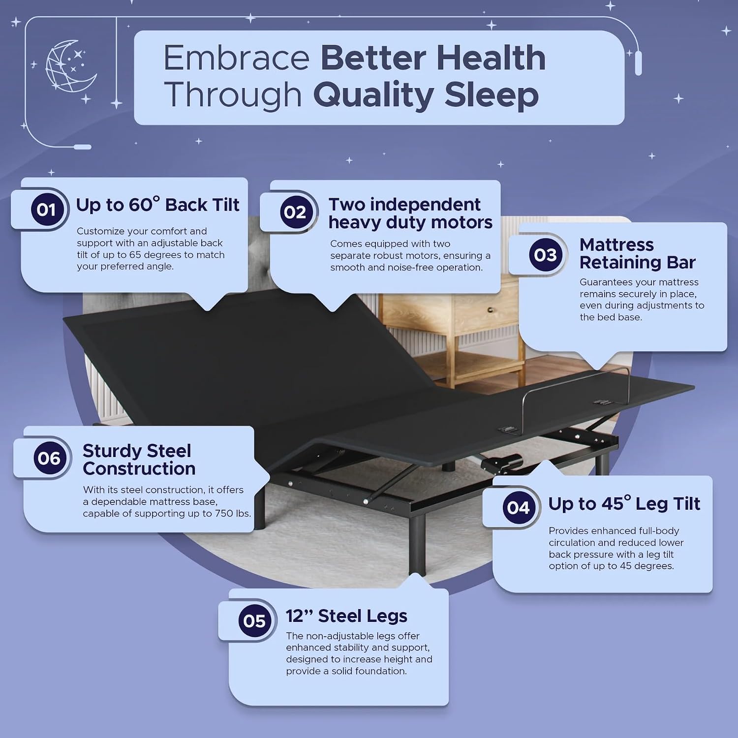 Adjustable bed frame with lifted head section, full-size gel memory foam mattress in firm support โ detail