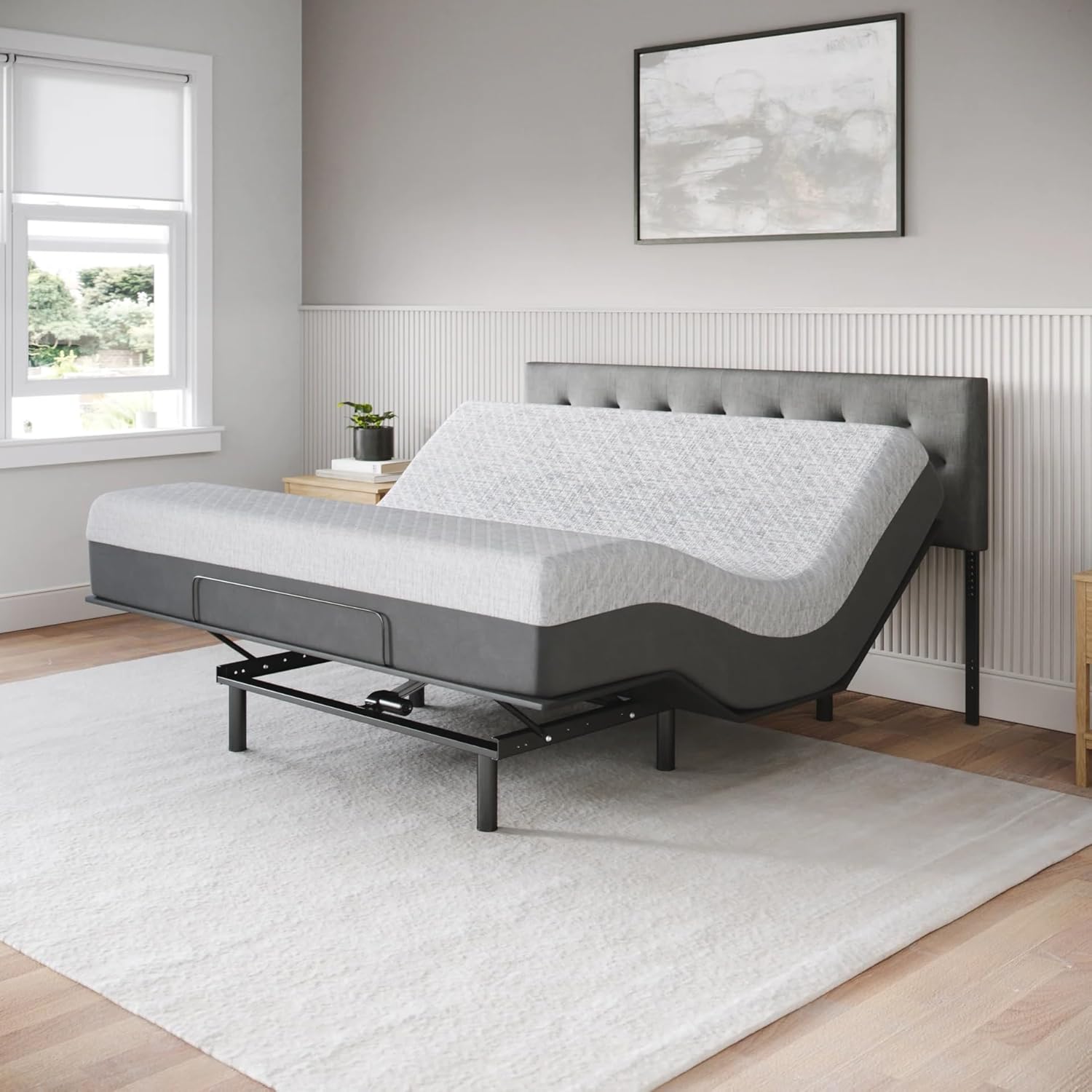 Adjustable bed frame with lifted head section, full-size gel memory foam mattress in firm support โ view 5