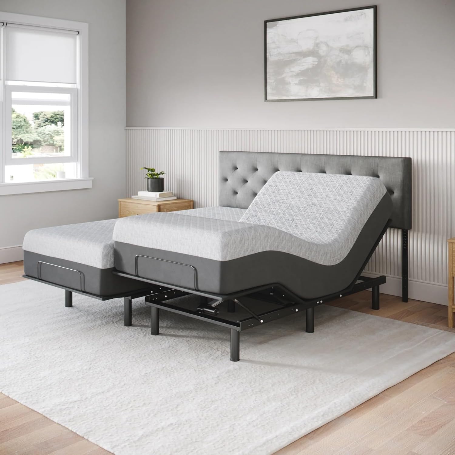 Adjustable bed frame with lifted head section, full-size gel memory foam mattress in firm support โ view 2