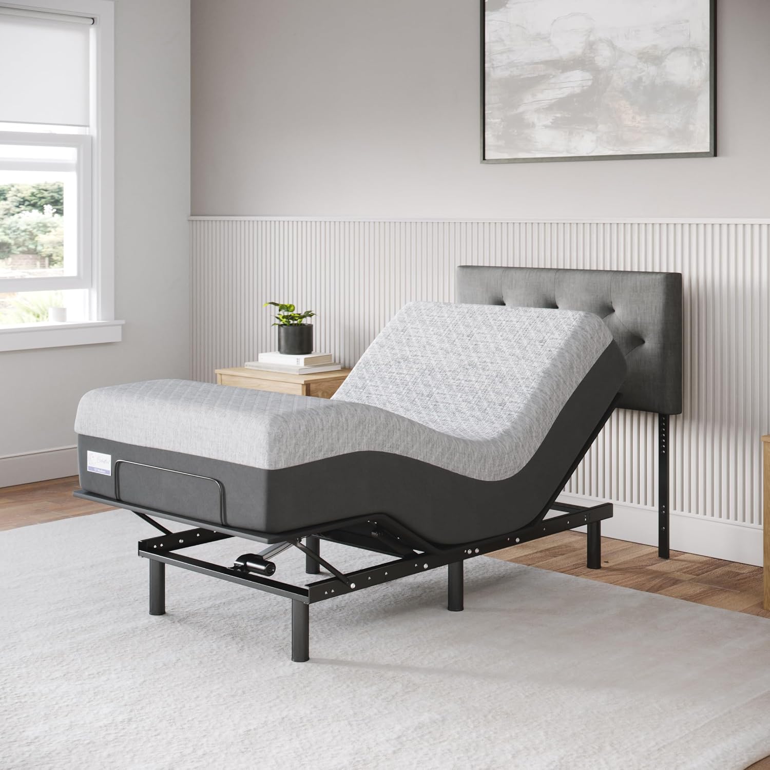 Adjustable bed frame with lifted head section, full-size gel memory foam mattress in firm support โ view 3b