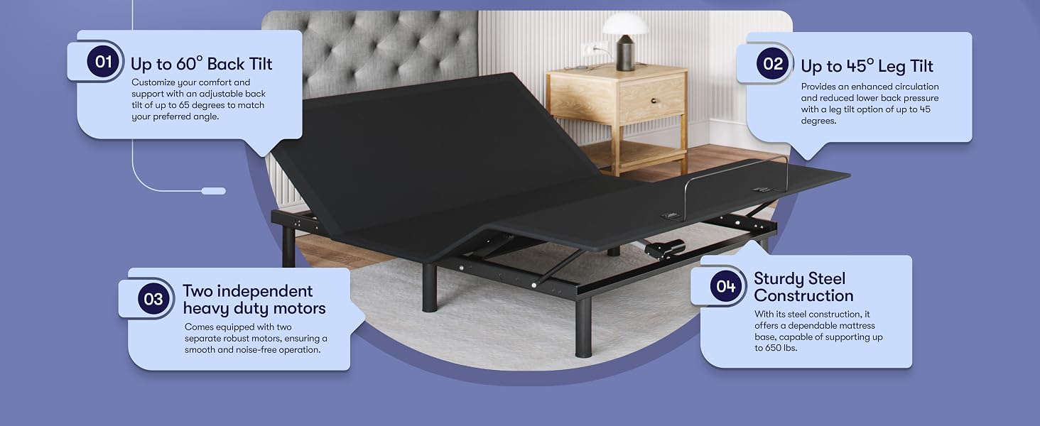 Adjustable bed frame with lifted head section, full-size gel memory foam mattress in firm support โ view 6