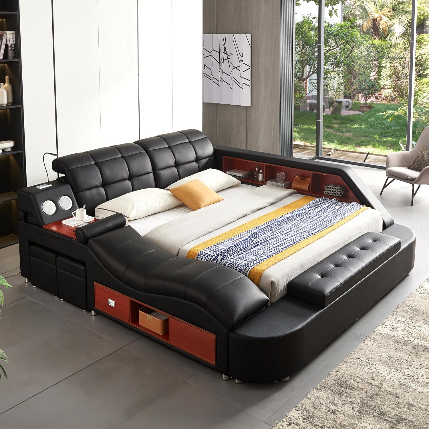 Modern luxury king bed frame with black leather upholstered headboard, massage recliner, and integrated music speaker — view 1