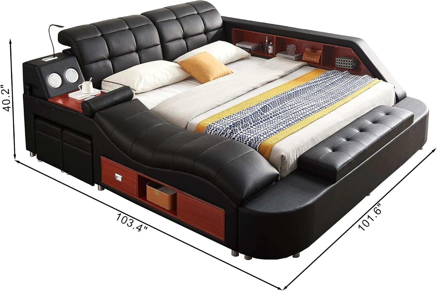 Modern luxury king bed frame with black leather upholstered headboard, massage recliner, and integrated music speaker — view 2