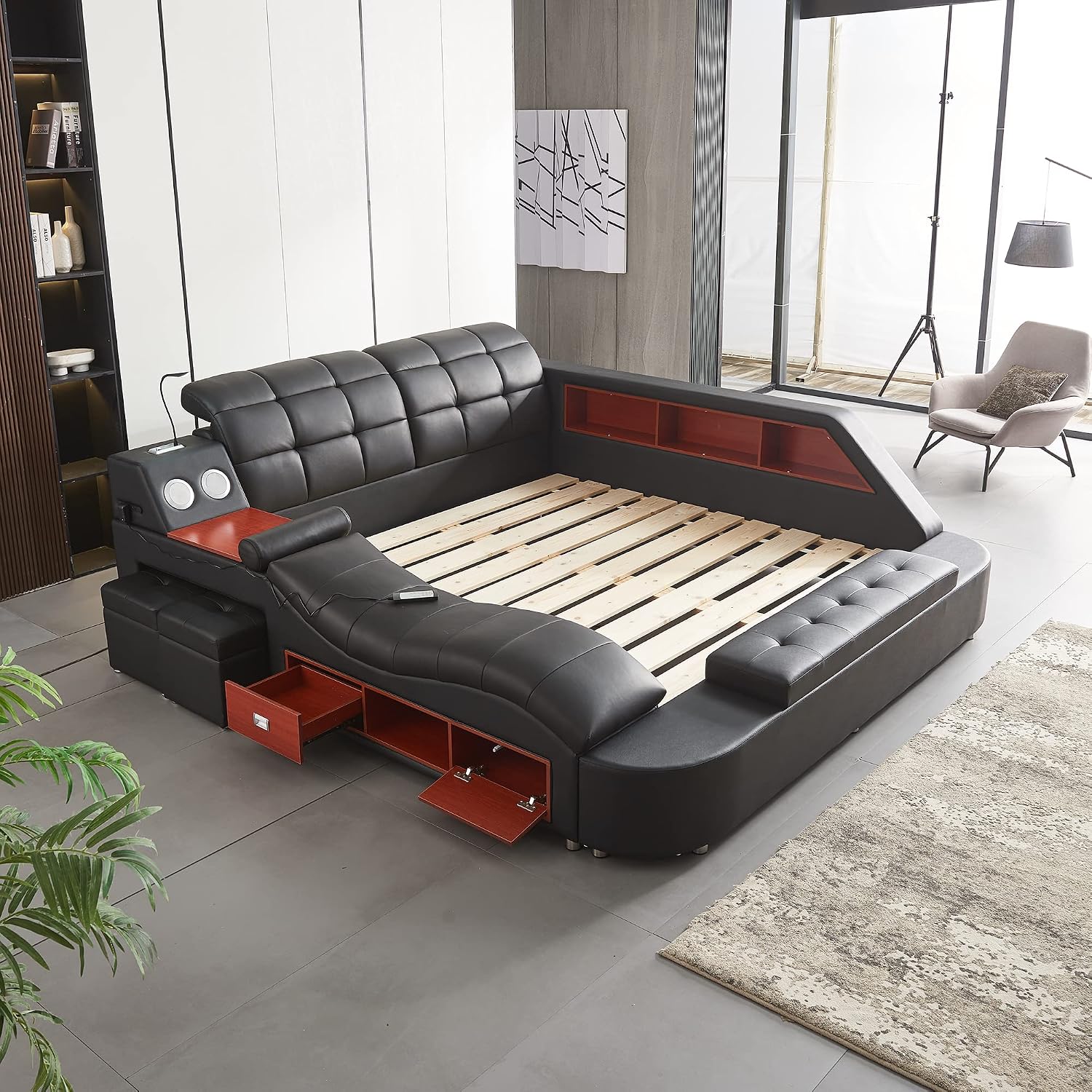 Modern luxury king bed frame with black leather upholstered headboard, massage recliner, and integrated music speaker — view 3