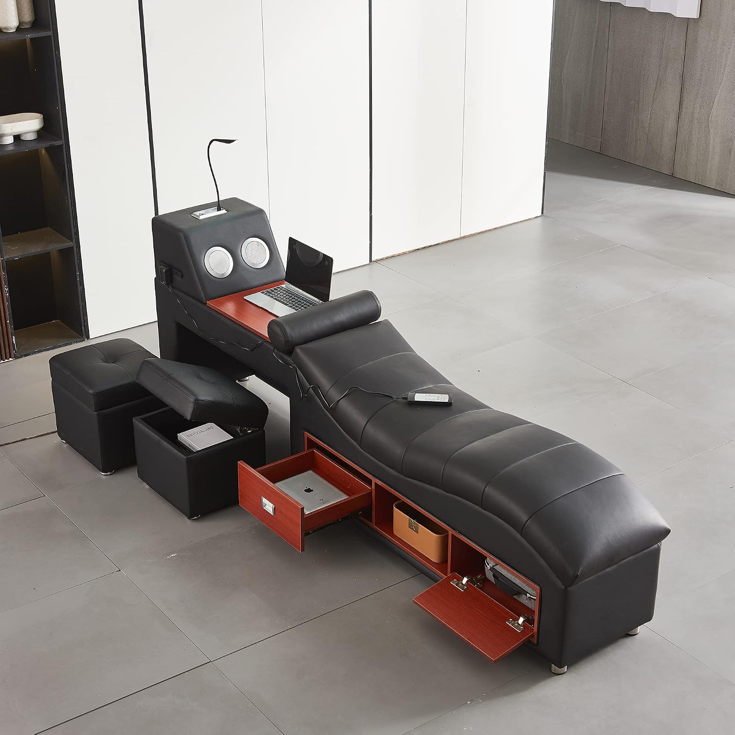 Modern luxury king bed frame with black leather upholstered headboard, massage recliner, and integrated music speaker — view 4