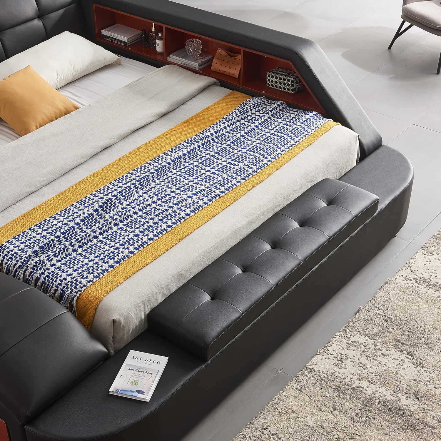 Modern luxury king bed frame with black leather upholstered headboard, massage recliner, and integrated music speaker — view 3