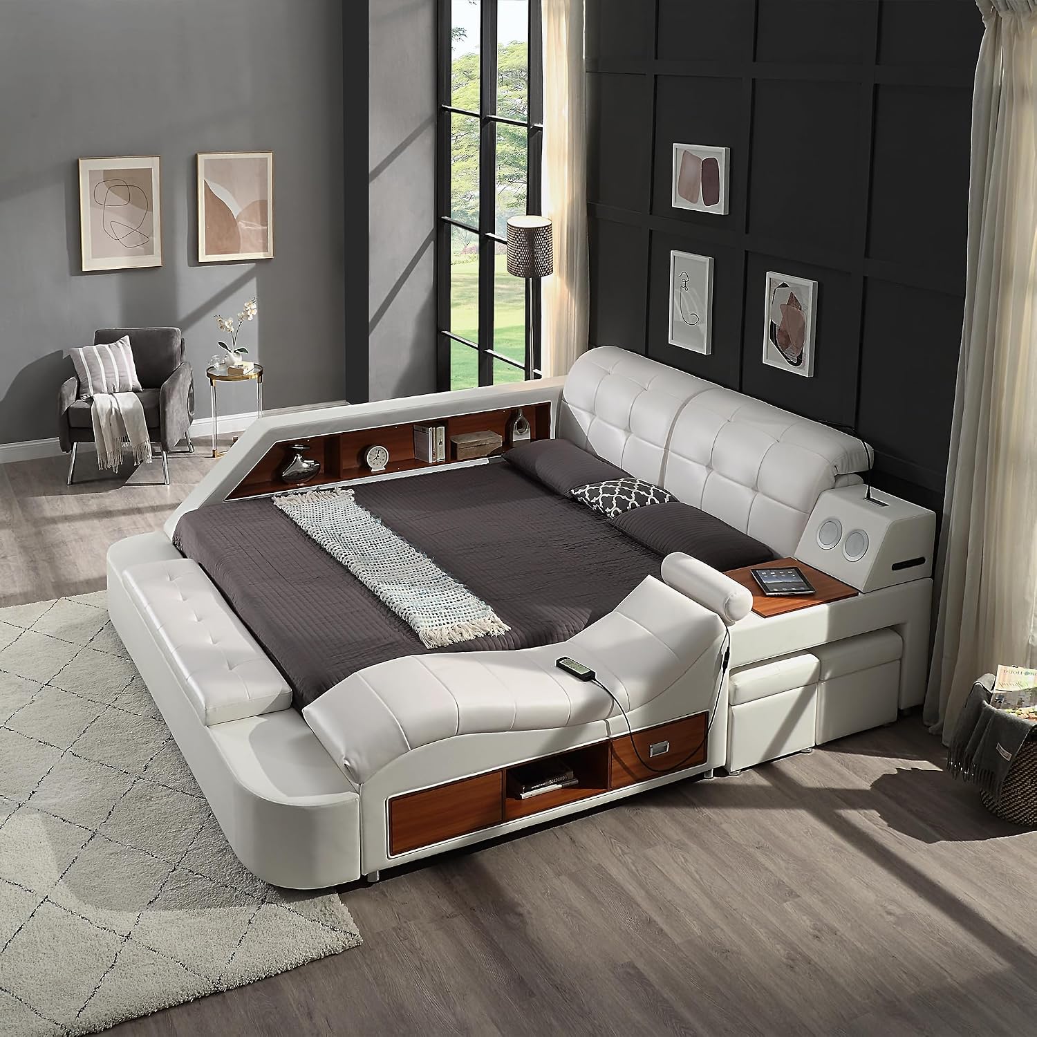 Modern luxury king bed frame with black leather upholstered headboard, massage recliner, and integrated music speaker — view 5