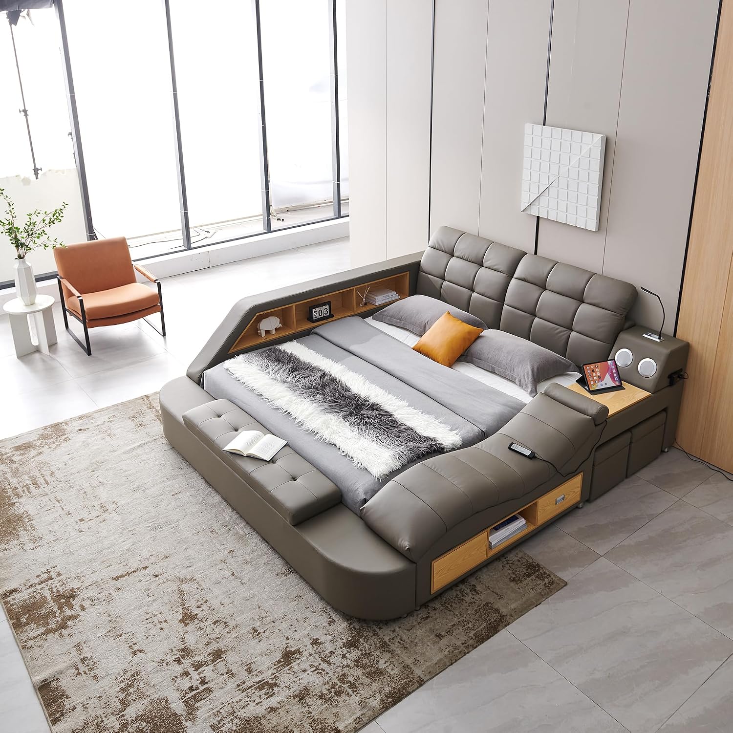Modern luxury king bed frame with black leather upholstered headboard, massage recliner, and integrated music speaker — view 2