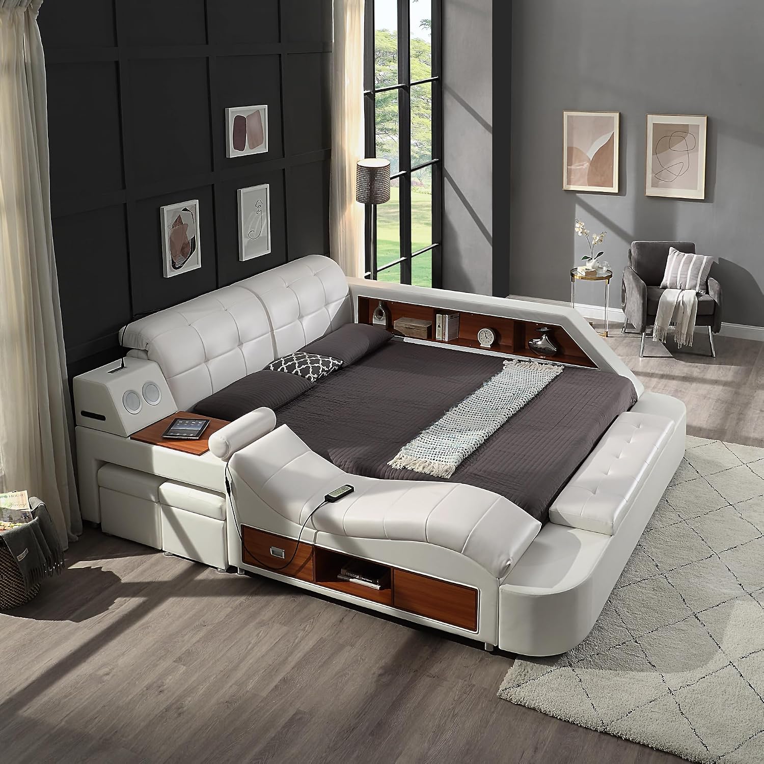Modern luxury king bed frame with black leather upholstered headboard, massage recliner, and integrated music speaker — view 3a