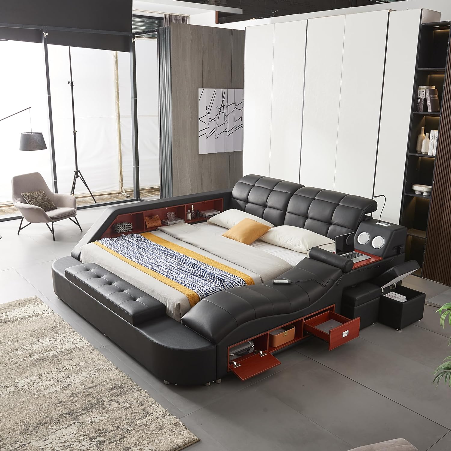Modern luxury king bed frame with black leather upholstered headboard, massage recliner, and integrated music speaker — view 3b