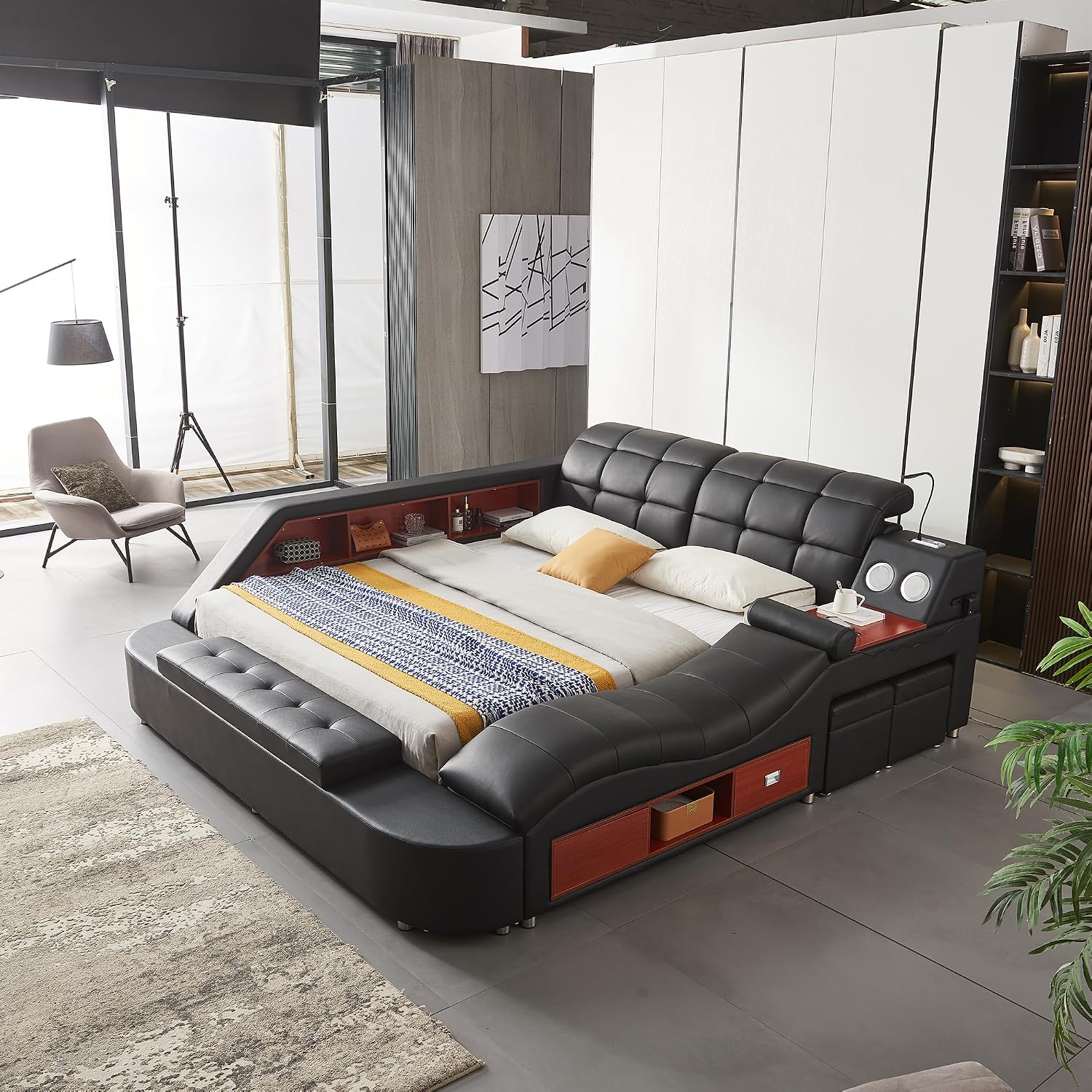 Modern luxury king bed frame with black leather upholstered headboard, massage recliner, and integrated music speaker — view 4