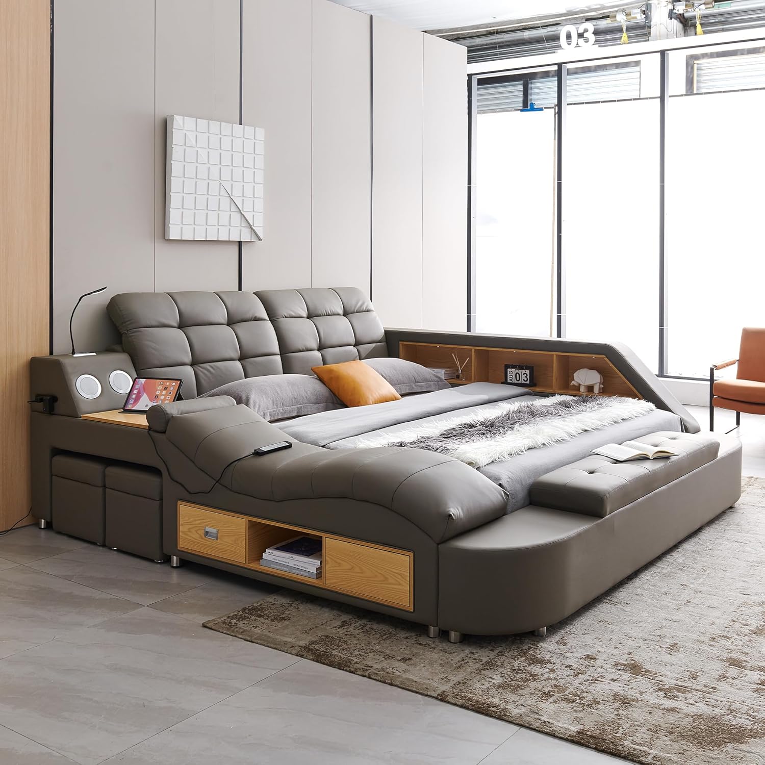 Modern luxury king bed frame with black leather upholstered headboard, massage recliner, and integrated music speaker — view 5a