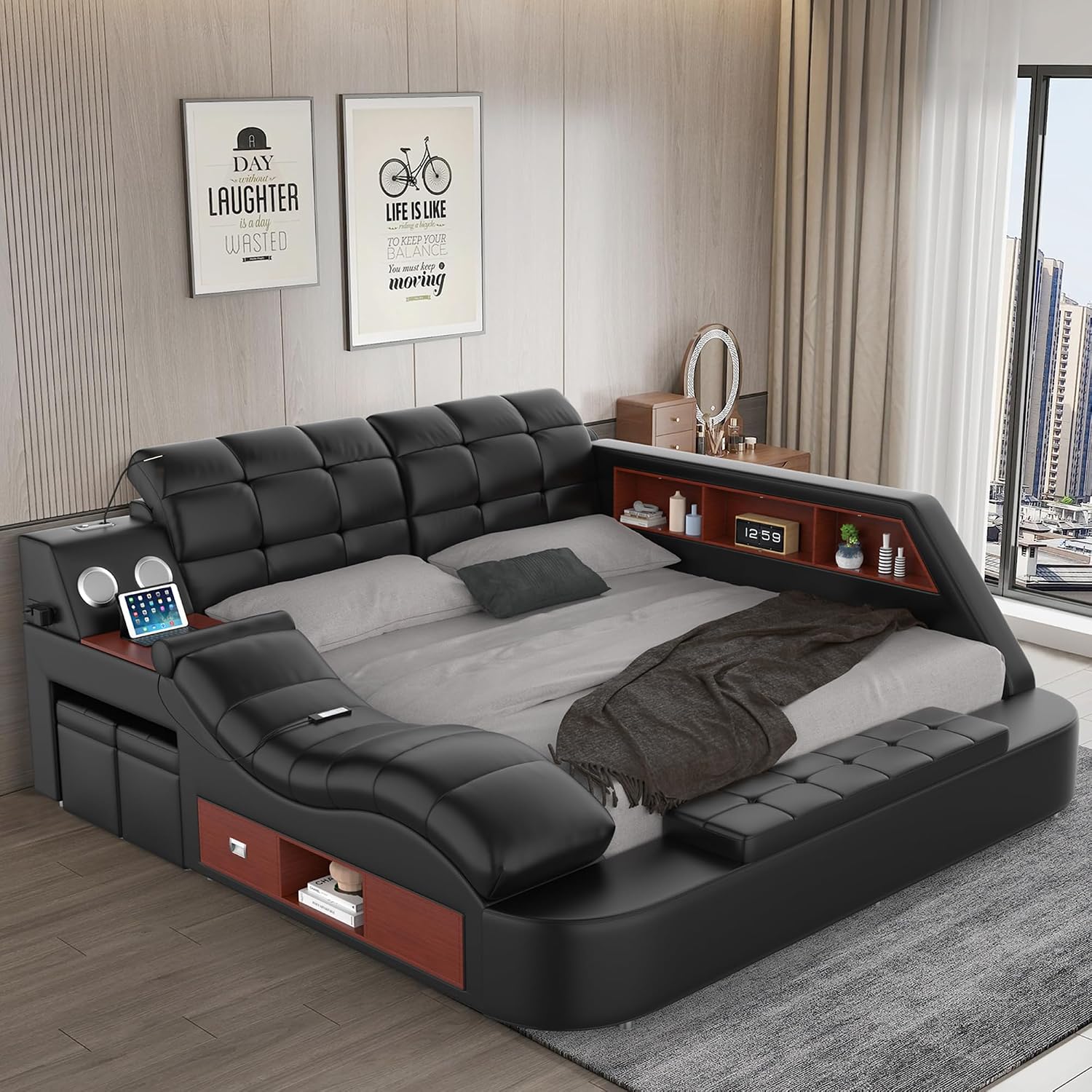 Modern luxury king bed frame with black leather upholstered headboard, massage recliner, and integrated music speaker — view 5b