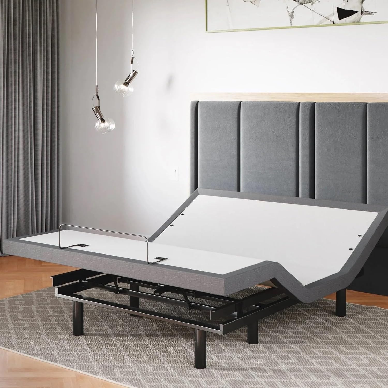 Premium adjustable bed base with lifted head section, massage features, and under-bed ambient lighting โ view 1