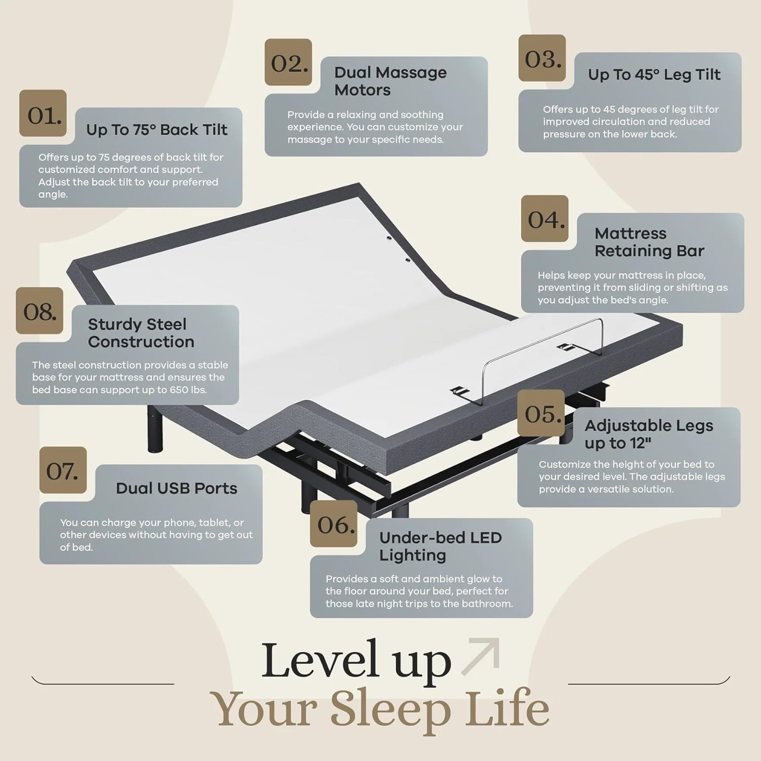 Premium adjustable bed base with lifted head section, massage features, and under-bed ambient lighting โ view 4