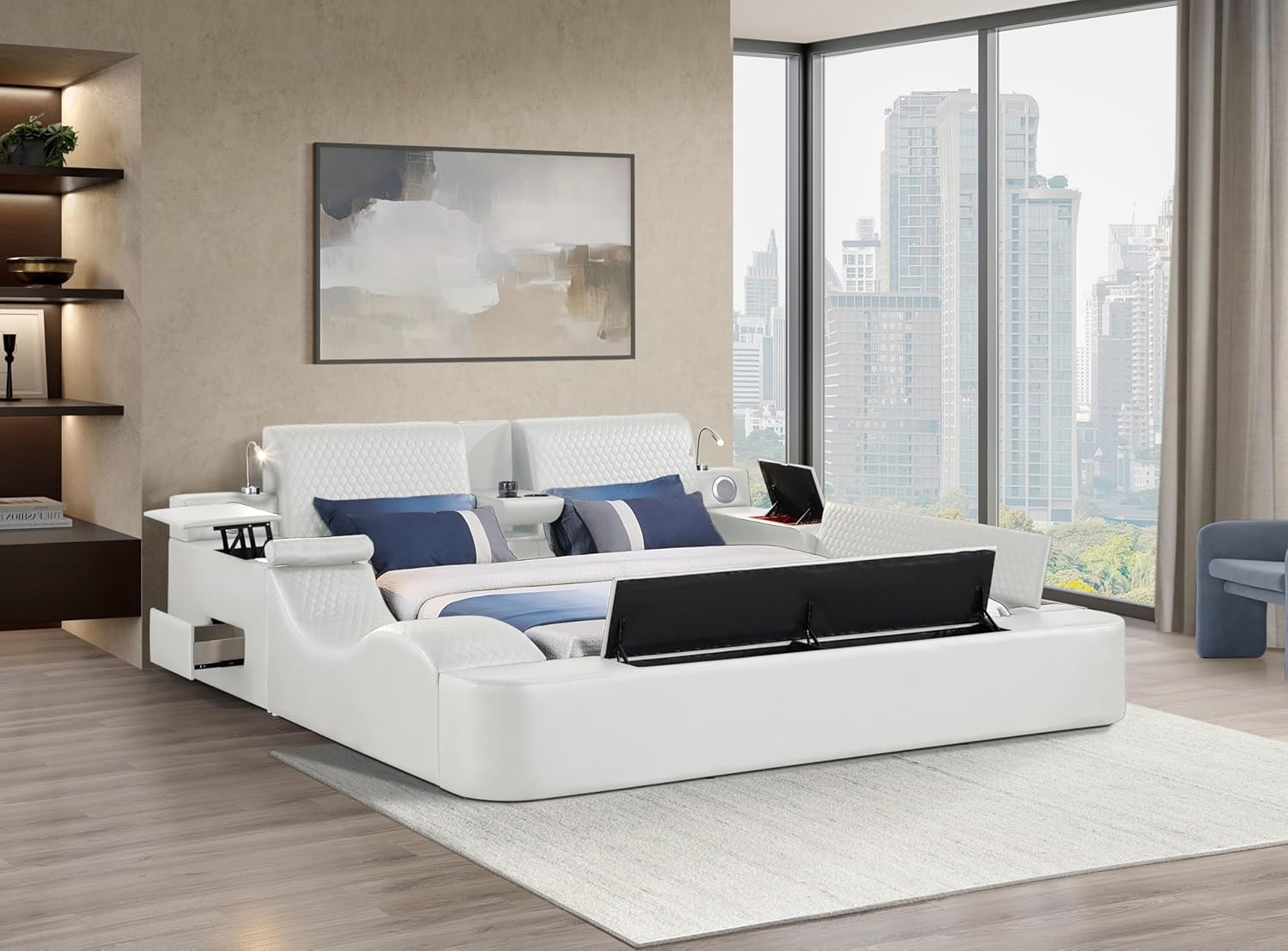 Queen size smart bed frame with leather upholstery, massage recliner function, and integrated headboard in beige finish — view 1