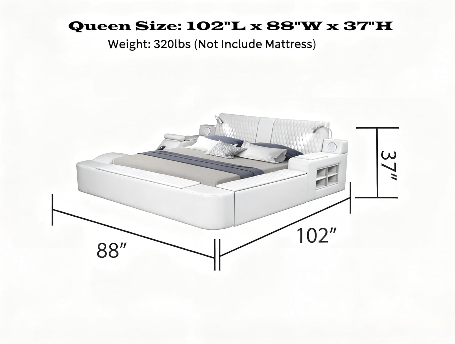 Queen size smart bed frame with leather upholstery, massage recliner function, and integrated headboard in beige finish — view 2