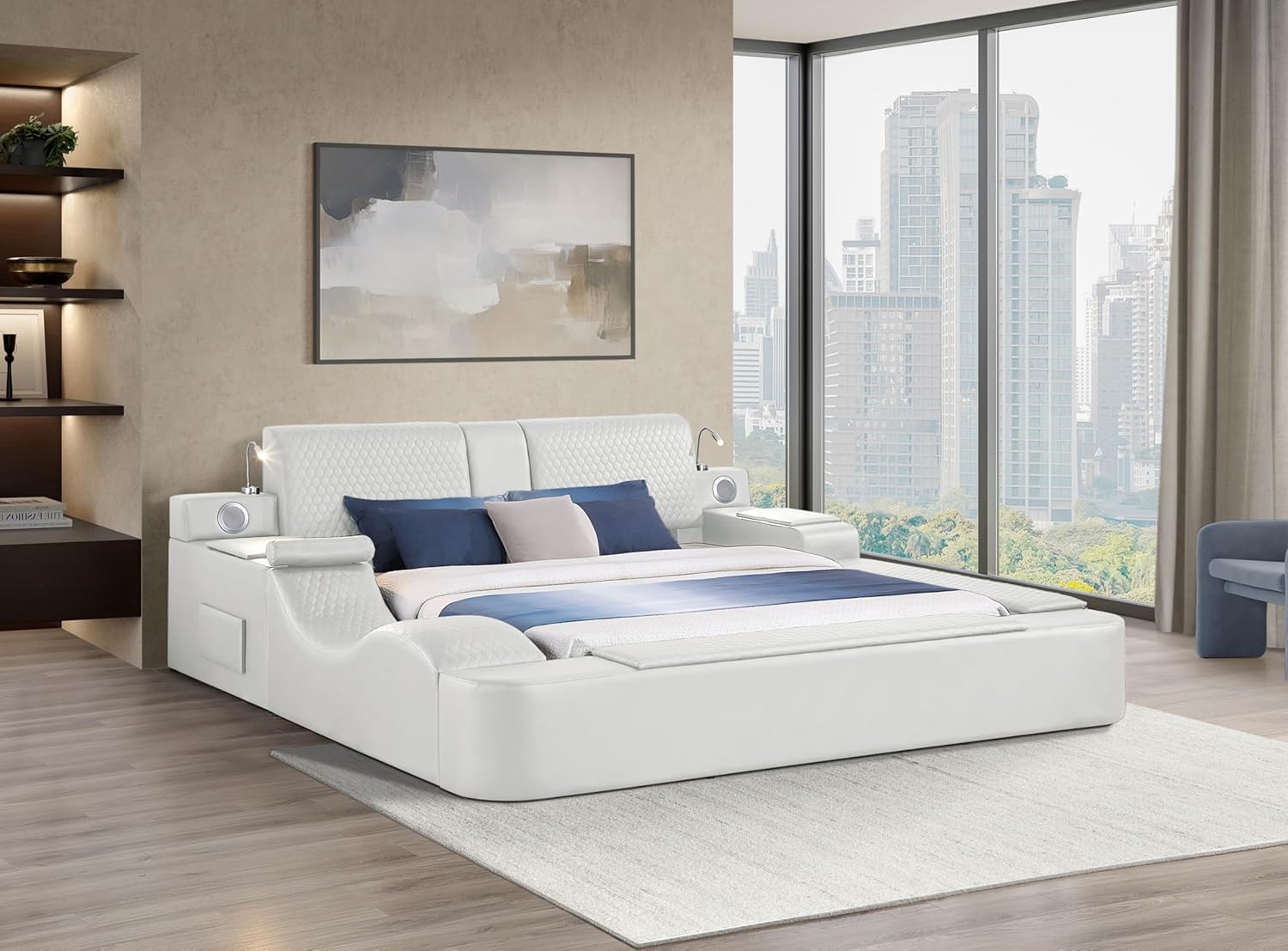 Queen size smart bed frame with leather upholstery, massage recliner function, and integrated headboard in beige finish — view 3