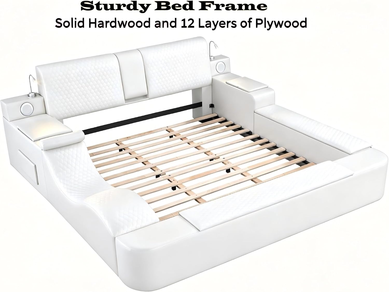 Queen size smart bed frame with leather upholstery, massage recliner function, and integrated headboard in beige finish — view 4