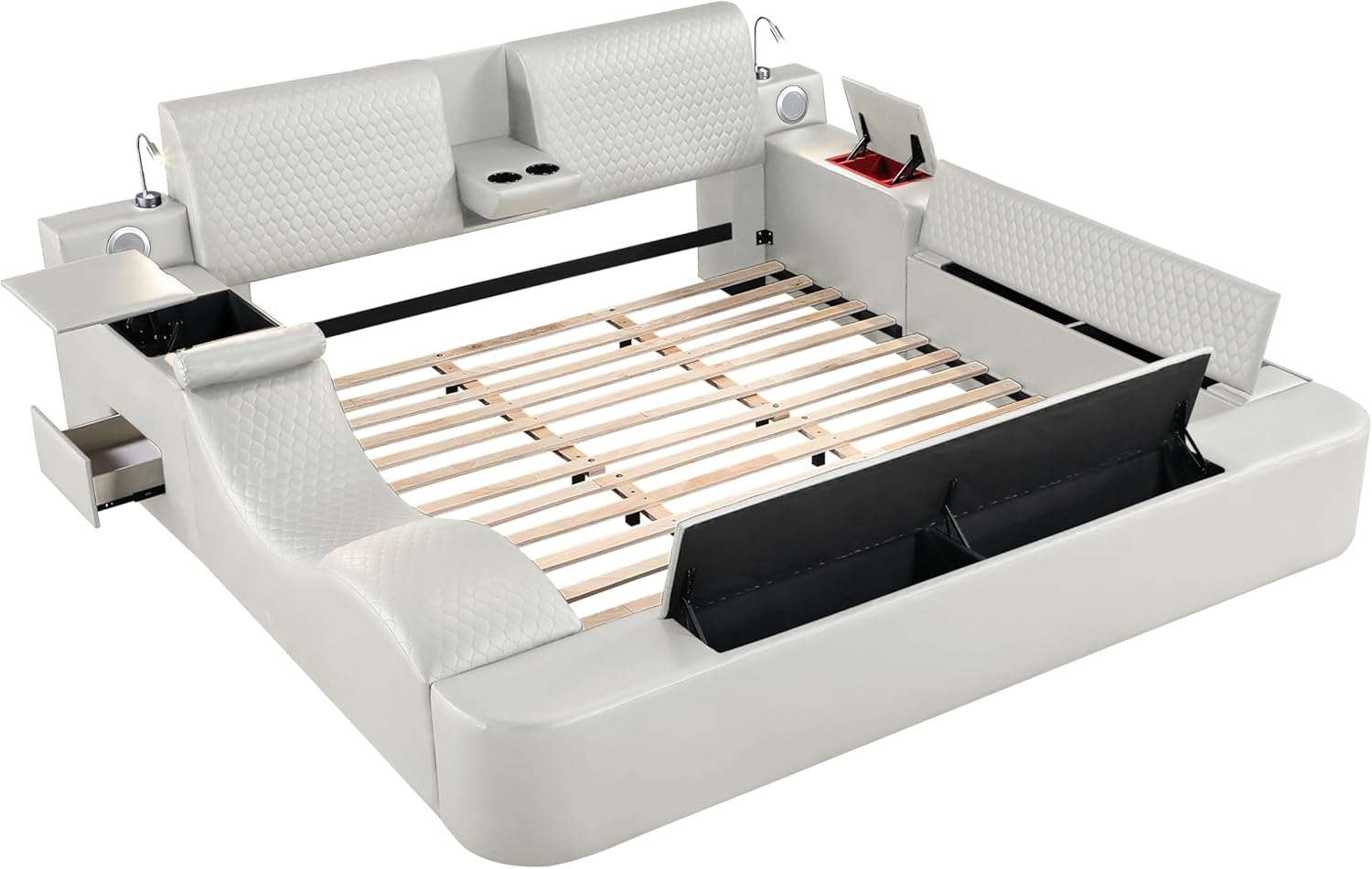 Queen size smart bed frame with leather upholstery, massage recliner function, and integrated headboard in beige finish — view 5
