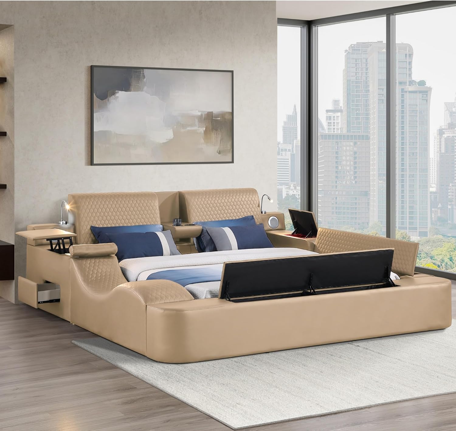 Queen size smart bed frame with leather upholstery, massage recliner function, and integrated headboard in beige finish — view 2