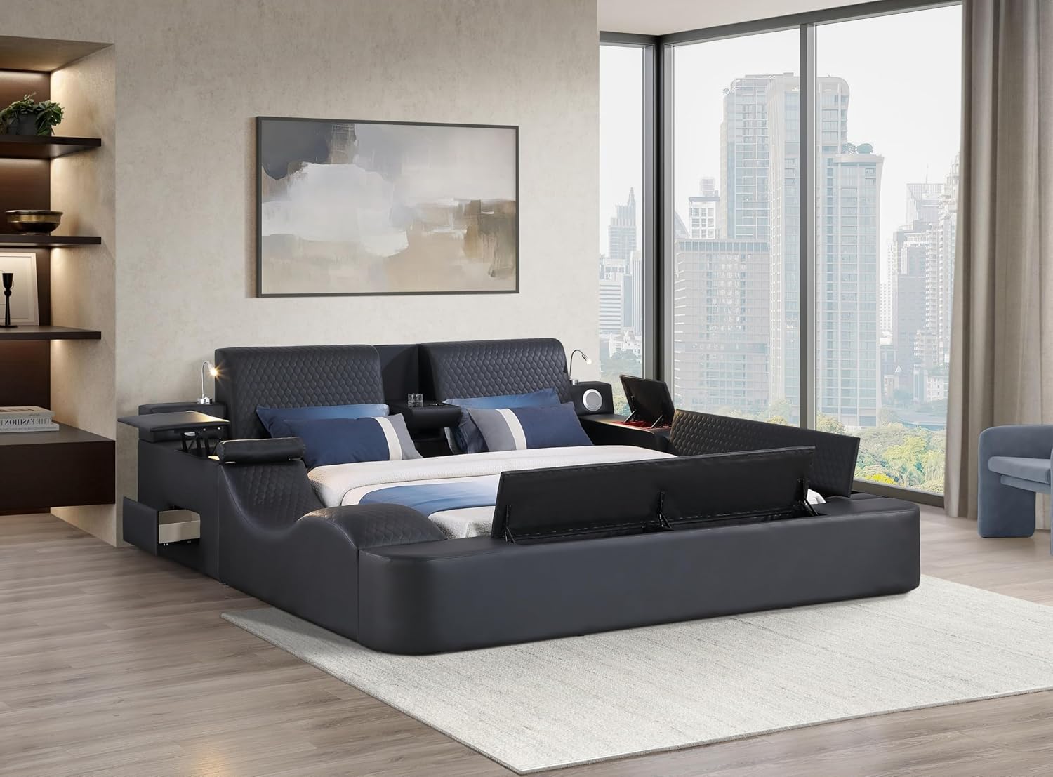 Queen size smart bed frame with leather upholstery, massage recliner function, and integrated headboard in beige finish — view 3a