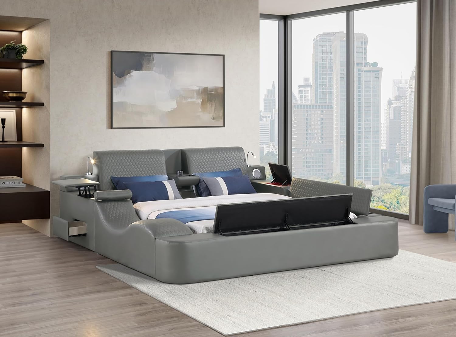 Queen size smart bed frame with leather upholstery, massage recliner function, and integrated headboard in beige finish — view 3b