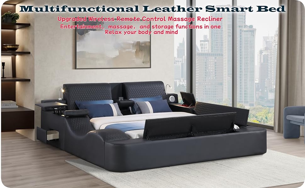 Queen size smart bed frame with leather upholstery, massage recliner function, and integrated headboard in beige finish — view 4