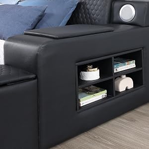 Queen size smart bed frame with leather upholstery, massage recliner function, and integrated headboard in beige finish — view 5a