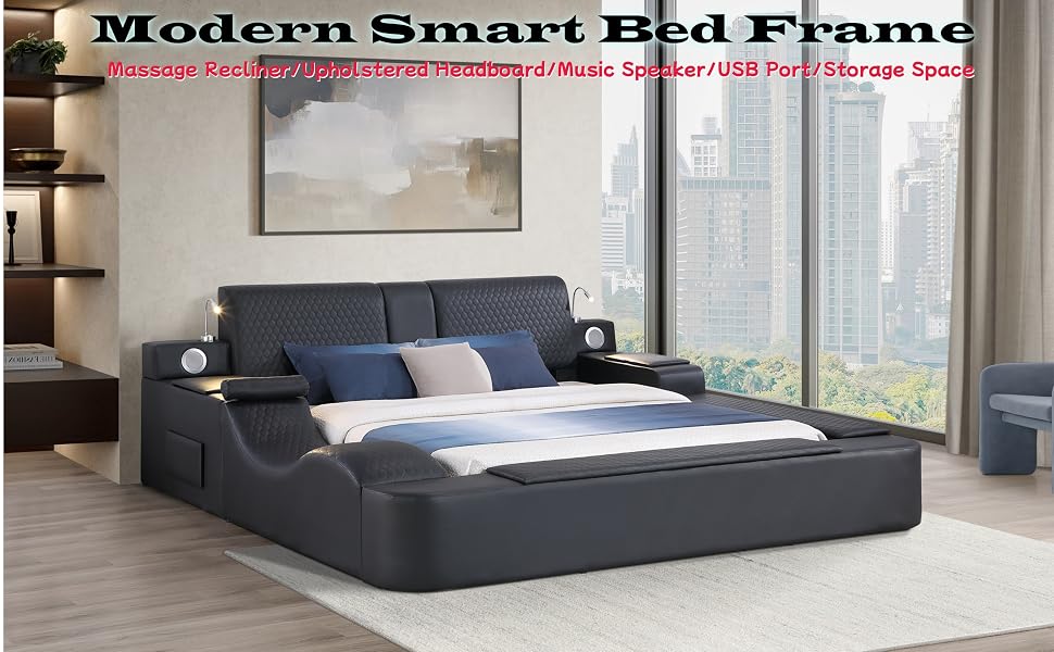 Queen size smart bed frame with leather upholstery, massage recliner function, and integrated headboard in beige finish — view 7