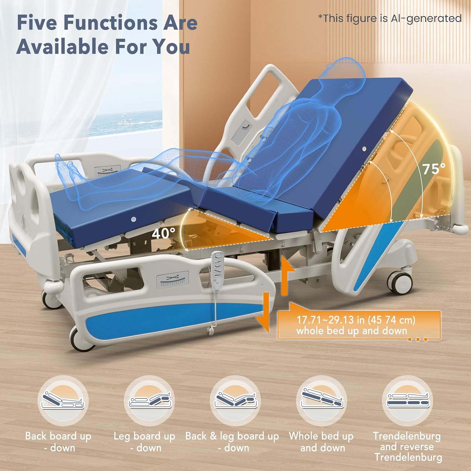 Full-size electric hospital bed with adjustable sections, remote control, and quiet wheels โ side