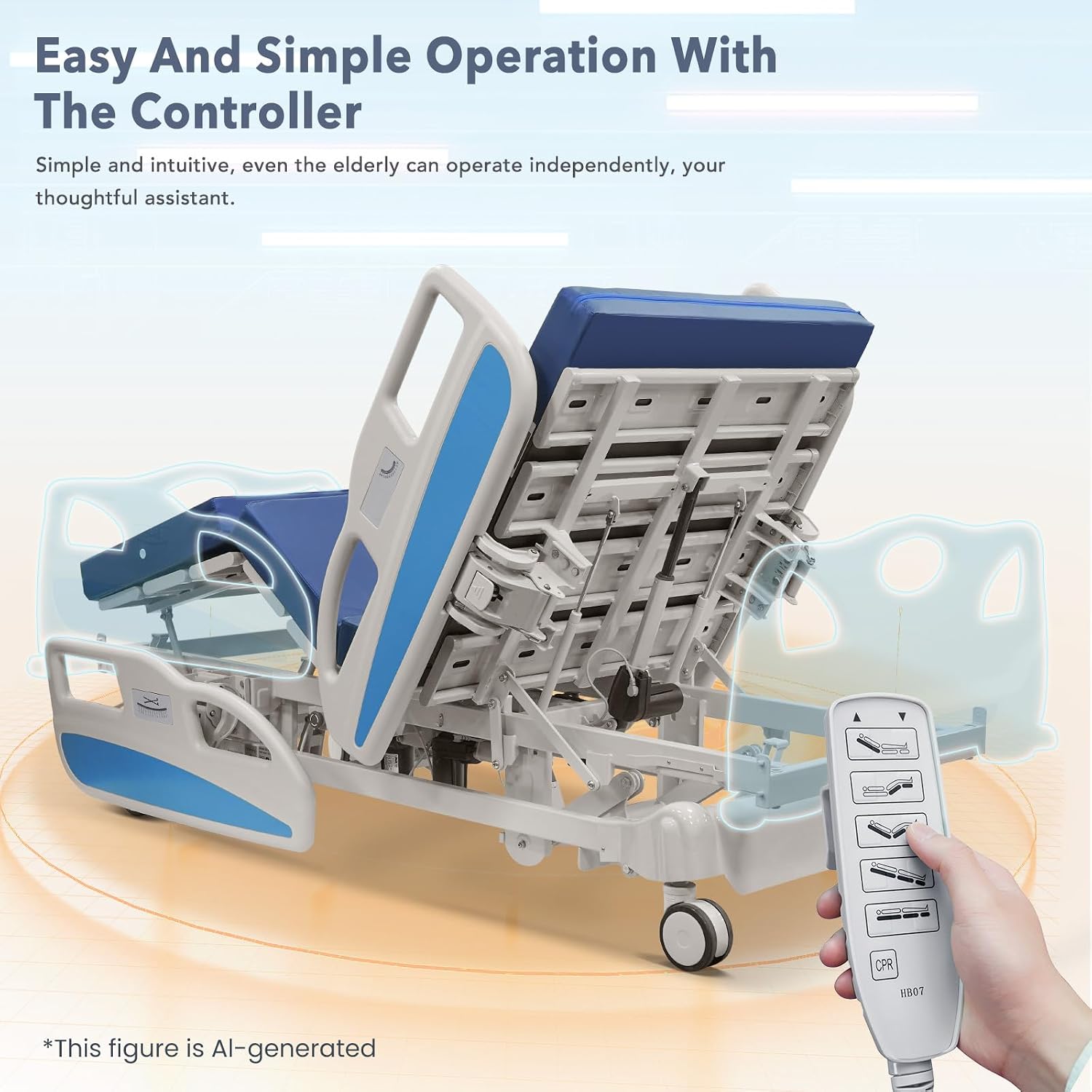 Full-size electric hospital bed with adjustable sections, remote control, and quiet wheels โ view 4