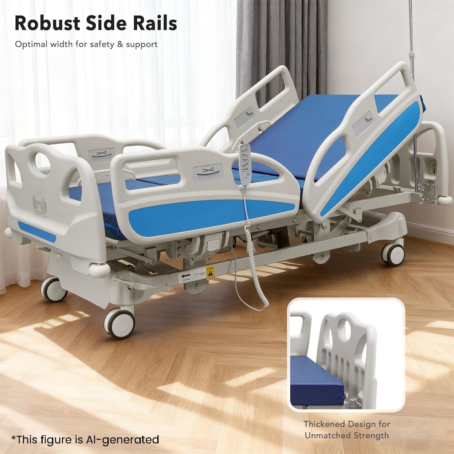 Full-size electric hospital bed with adjustable sections, remote control, and quiet wheels โ view 5