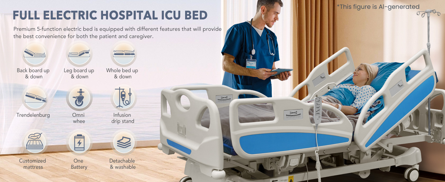 Full-size electric hospital bed with adjustable sections, remote control, and quiet wheels โ view 2
