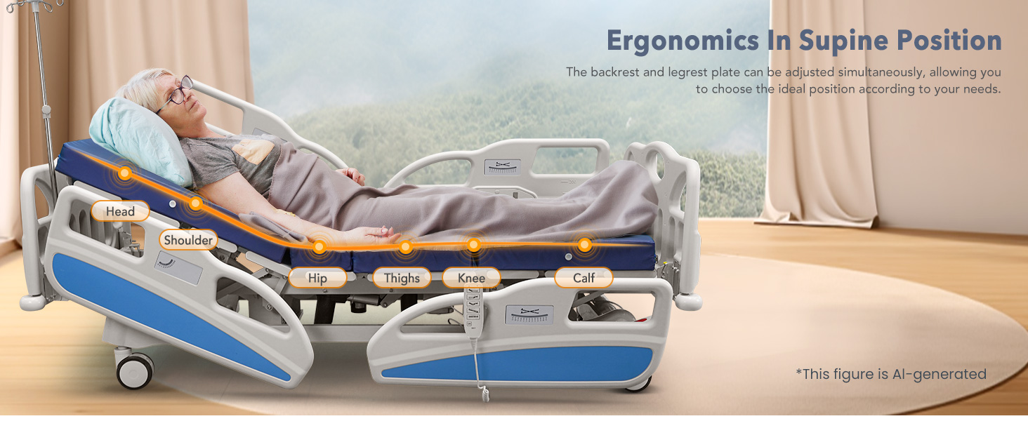 Full-size electric hospital bed with adjustable sections, remote control, and quiet wheels โ view 3b