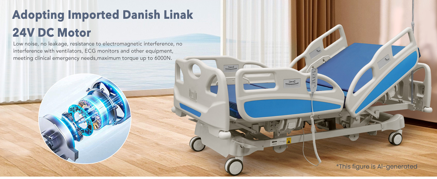 Full-size electric hospital bed with adjustable sections, remote control, and quiet wheels โ view 5a