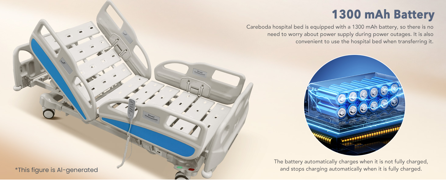 Full-size electric hospital bed with adjustable sections, remote control, and quiet wheels โ view 5b