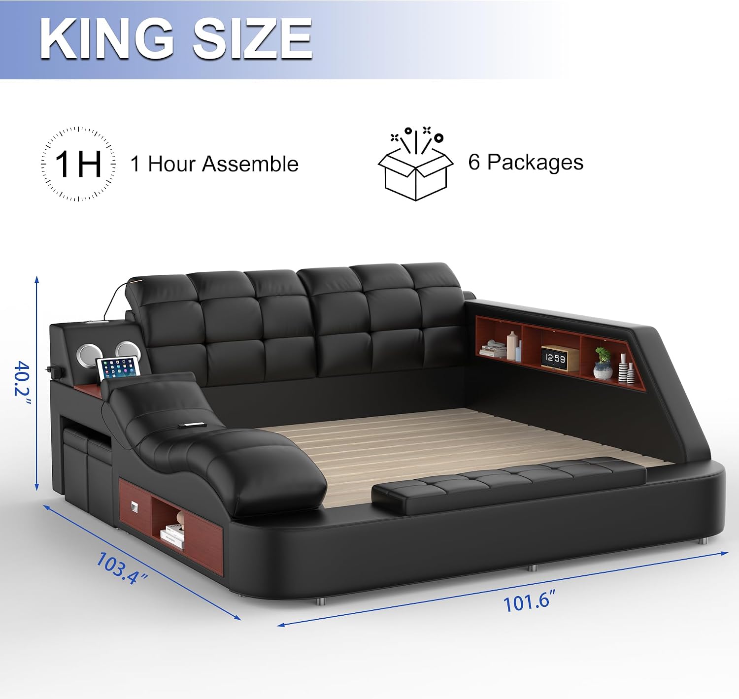 Luxury upholstered king bed frame with integrated massage recliner, Bluetooth speaker, and USB charging station in black leather — side