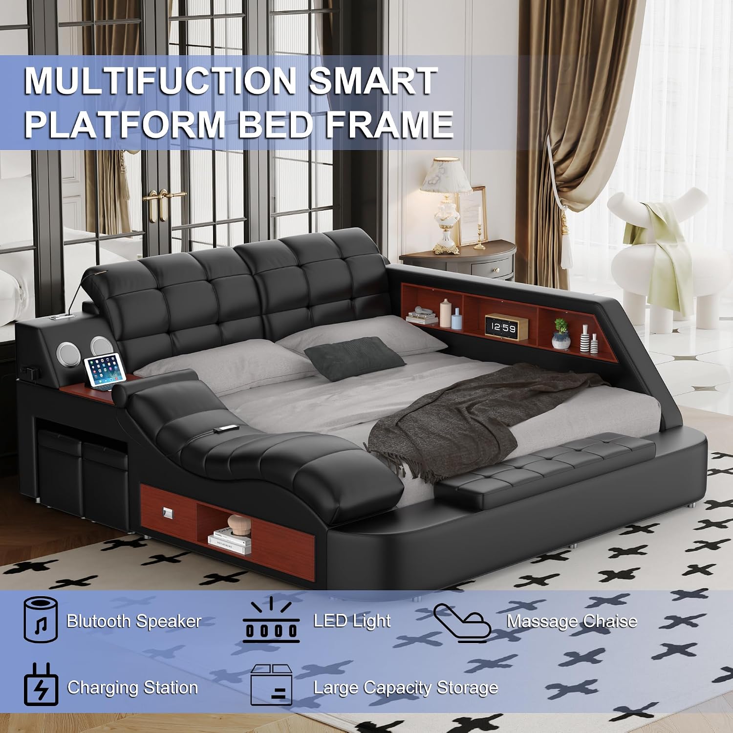 Luxury upholstered king bed frame with integrated massage recliner, Bluetooth speaker, and USB charging station in black leather — back