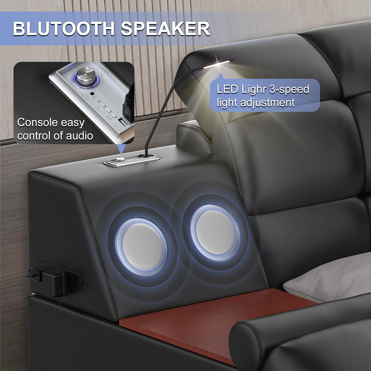 Luxury upholstered king bed frame with integrated massage recliner, Bluetooth speaker, and USB charging station in black leather — detail