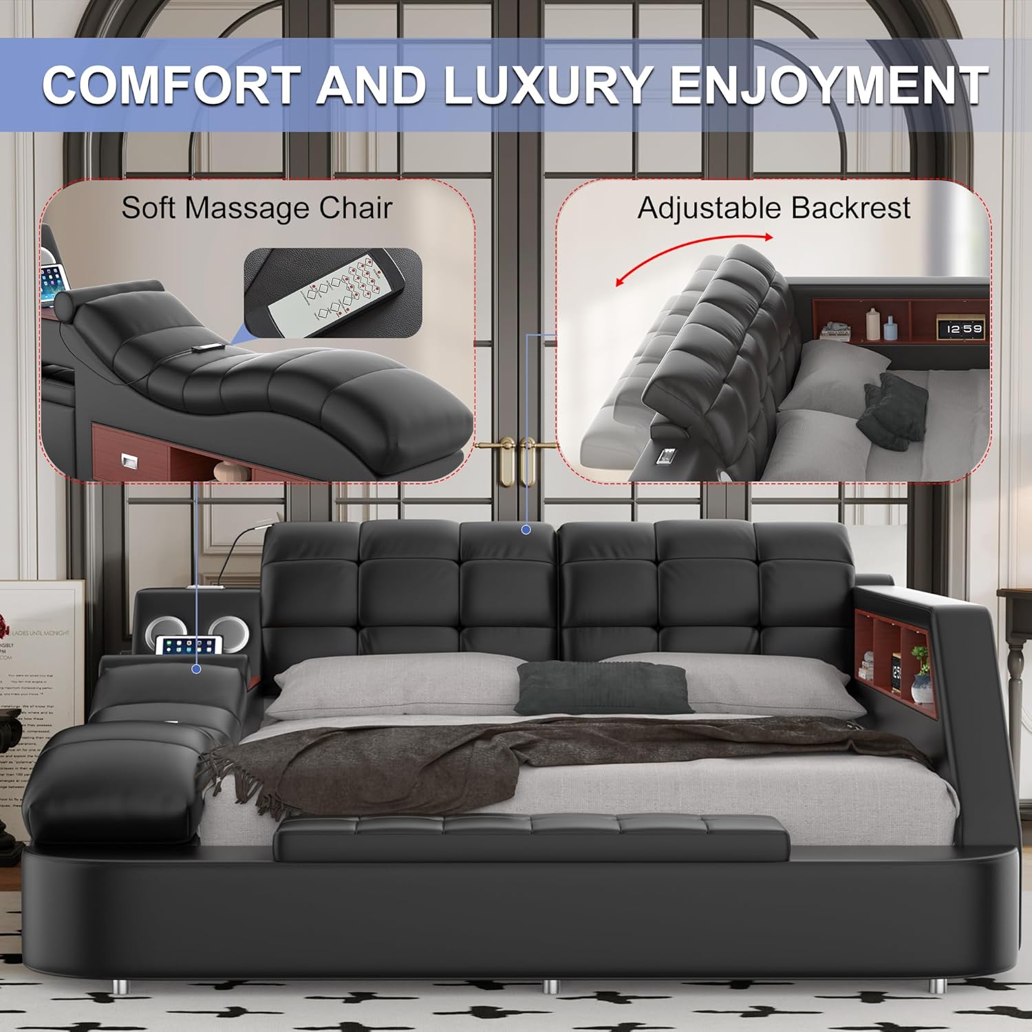 Luxury upholstered king bed frame with integrated massage recliner, Bluetooth speaker, and USB charging station in black leather — view 2