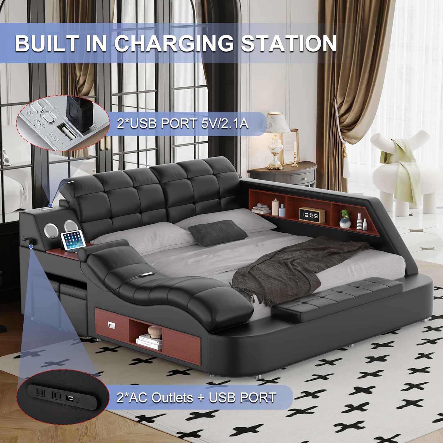Luxury upholstered king bed frame with integrated massage recliner, Bluetooth speaker, and USB charging station in black leather — view 4
