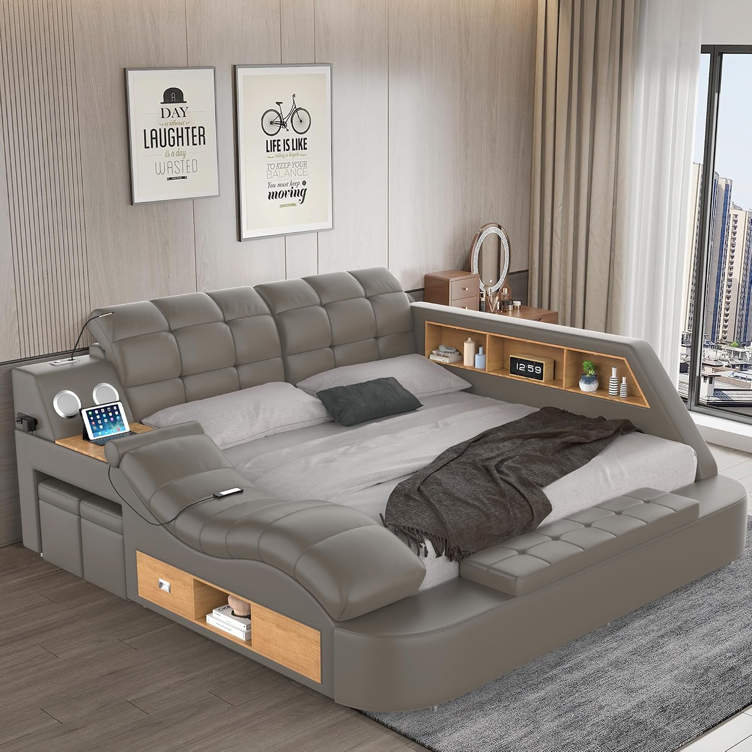 Luxury upholstered king bed frame with integrated massage recliner, Bluetooth speaker, and USB charging station in black leather — view 2