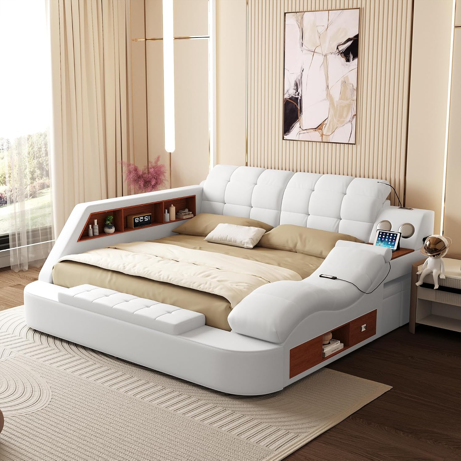 Luxury upholstered king bed frame with integrated massage recliner, Bluetooth speaker, and USB charging station in black leather — view 3b